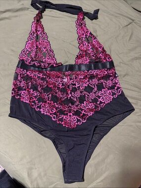 Sheer Black Halter Chemise with Hot Pink Floral Lace